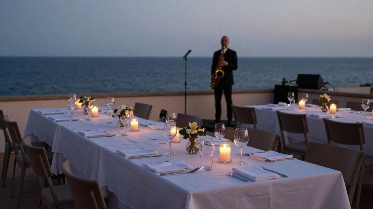 Illustrative image: outdoor charity dinner table by the sea at sunset, with candles and an empty stage in the background.