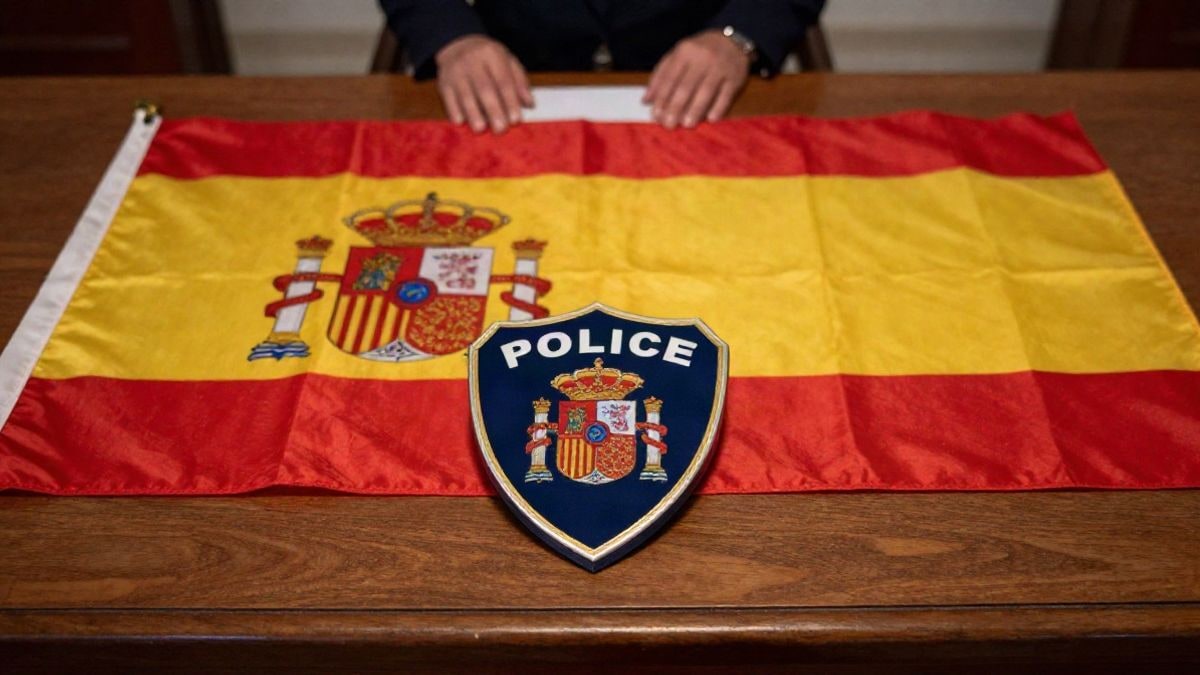 Imagen ilustrativa: vista cenital de una insignia policial y una bandera española sobre una mesa de madera en un acto oficial