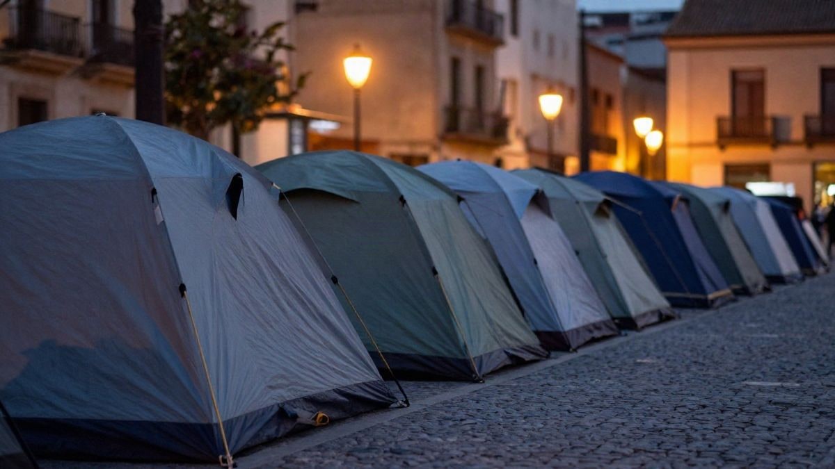 Illustrative image: row of tents set up in an urban square at sunset