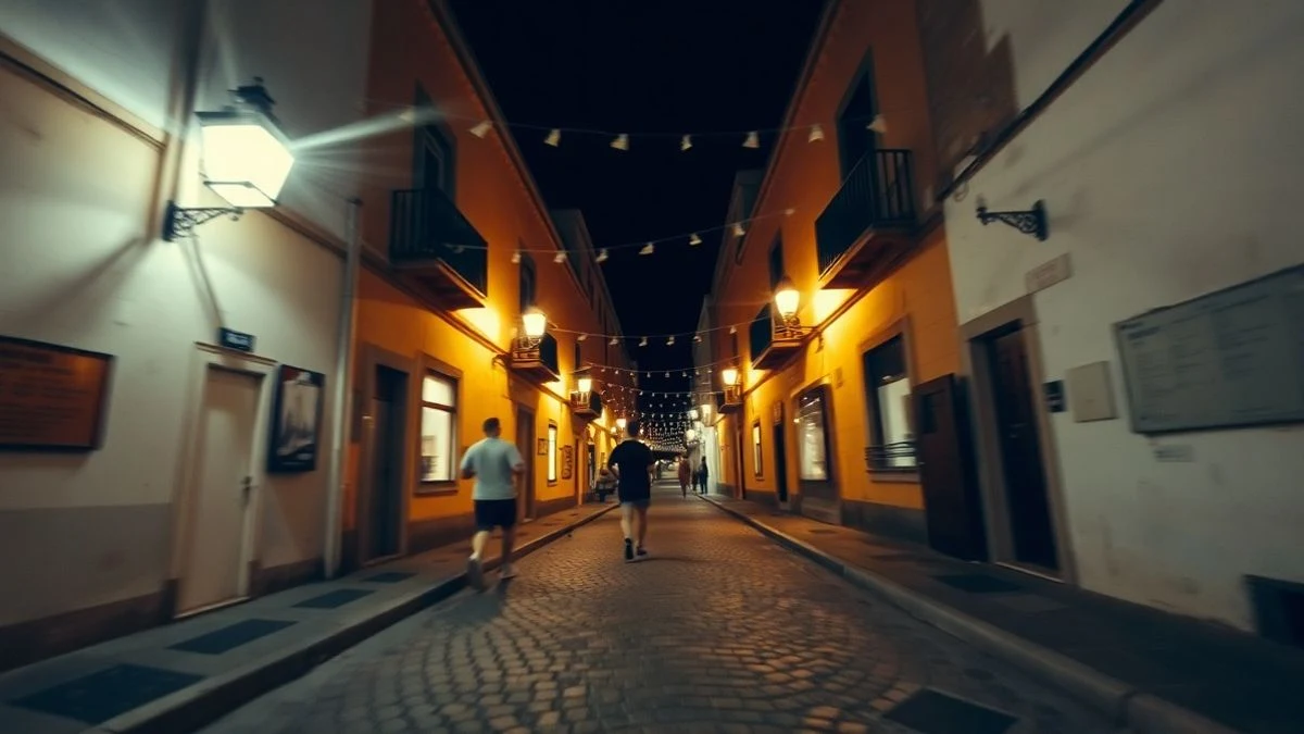 Imagen ilustrativa: calle estrecha del casco antiguo iluminada con farolas y luces, con corredores de espaldas en la distancia