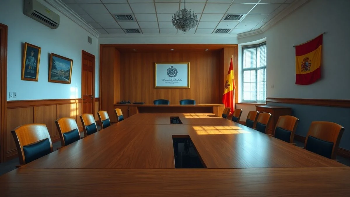 Illustrative image: empty municipal meeting room with wooden table and chairs, natural light coming through a window.