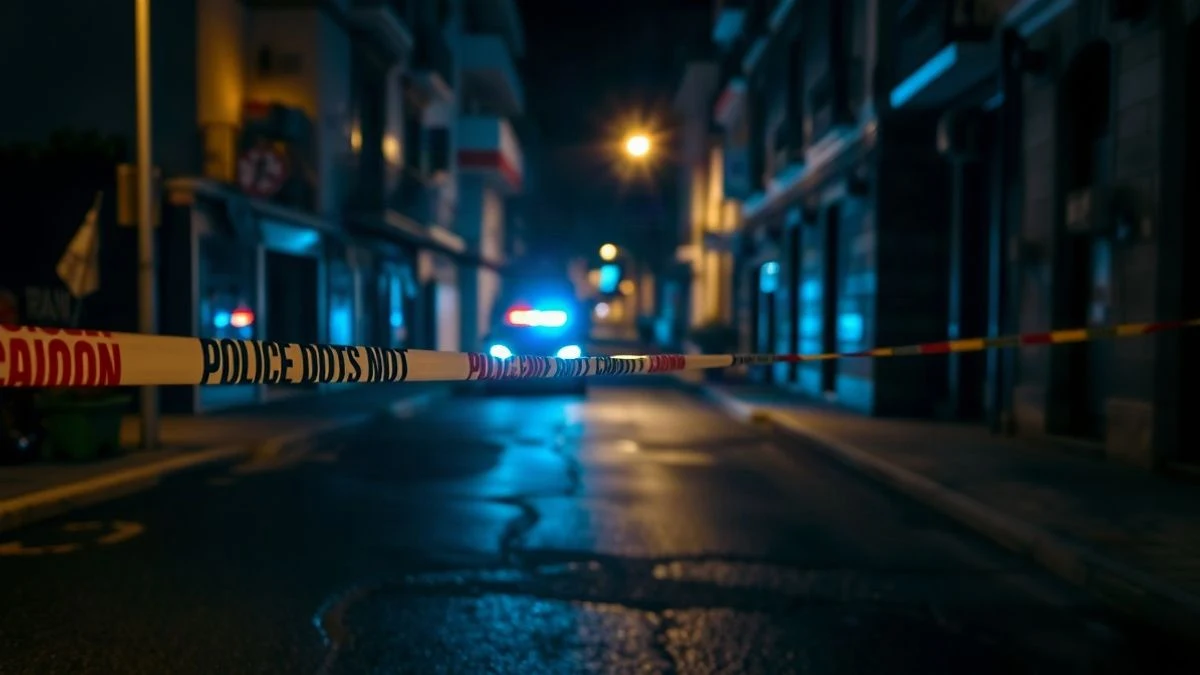 Imagen ilustrativa: calle nocturna acordonada con cinta policial y luces de emergencia al fondo.