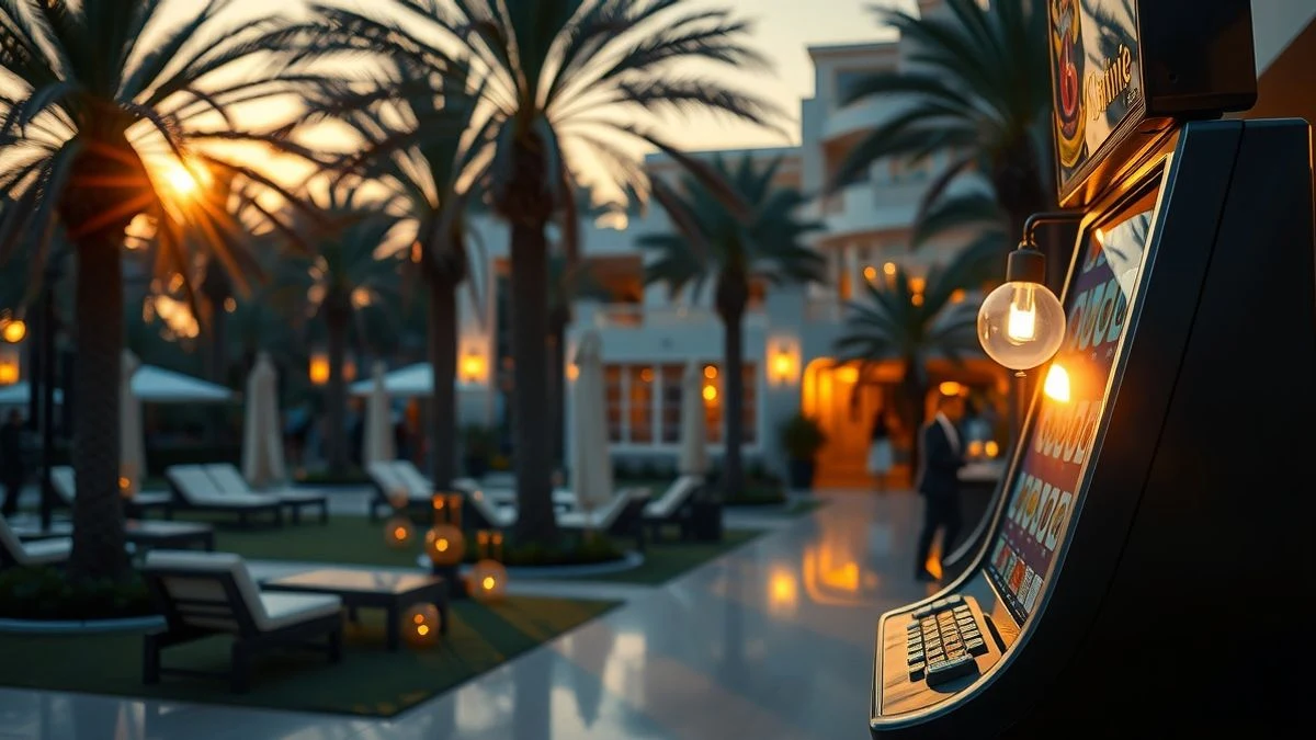 Jardines de un casino al atardecer con una máquina tragaperras en primer plano y sombras largas
