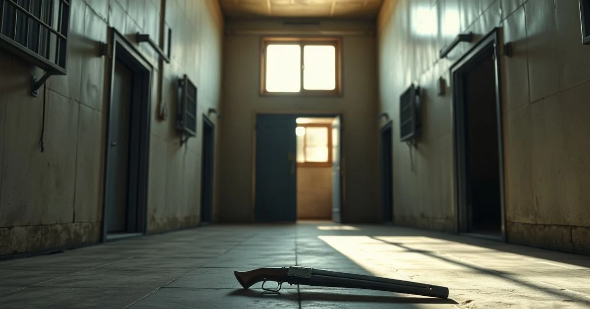 Empty corridor of a prison module with natural light and a homemade spike on the floor