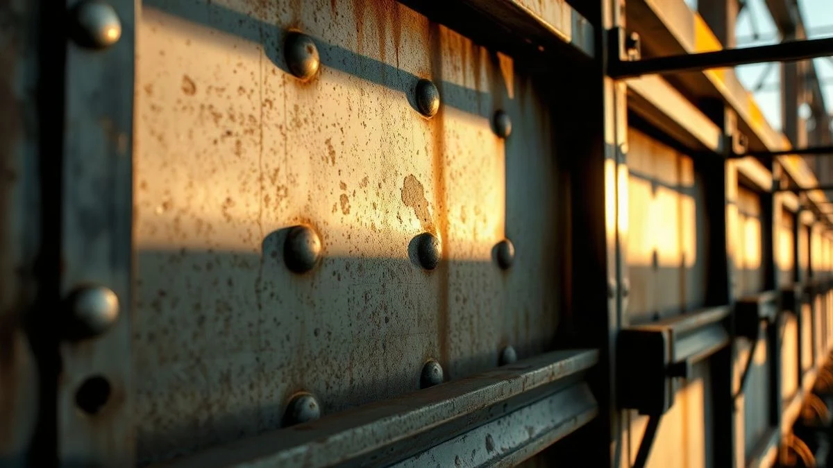 Imagen ilustrativa: primer plano de una placa metálica industrial con remaches y luz cálida de atardecer.