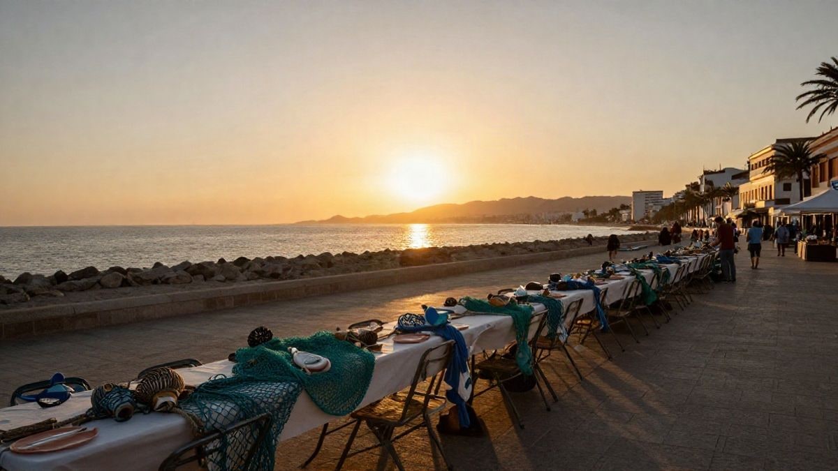 Imagen ilustrativa: mesa larga con elementos marineros en un paseo marítimo al atardecer