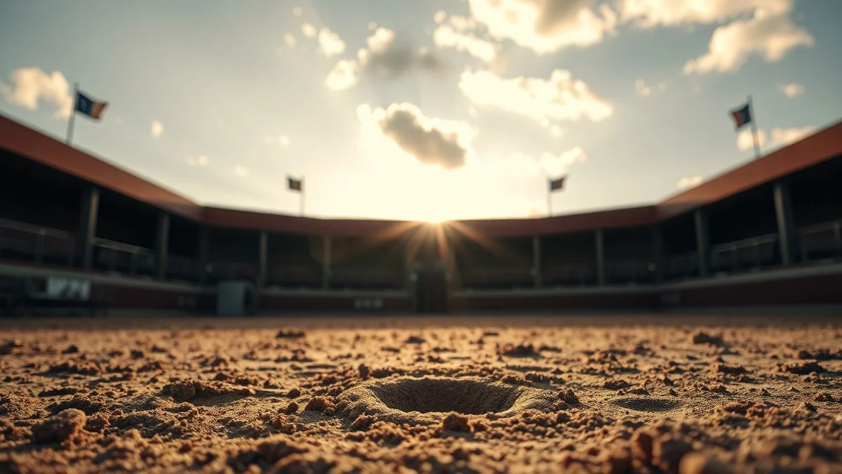 Imagen ilustrativa: arena de una plaza de toros con huellas de caballo y luz de atardecer