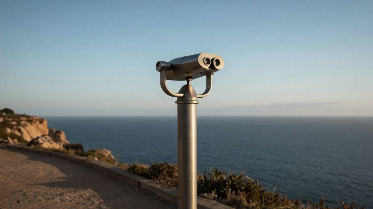 Illustrative image: a binocular installed on a promenade by the sea, with a wide horizon in the background