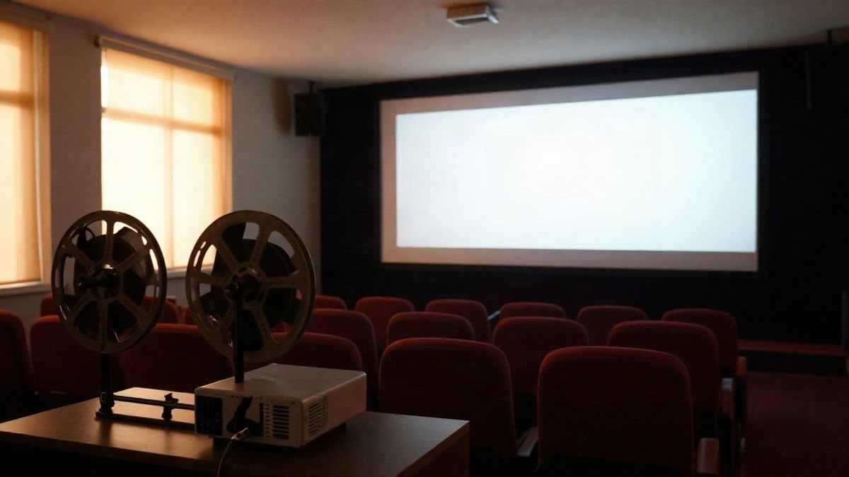 Imagen ilustrativa: sala de cine con butacas vacías y una pantalla iluminada, con luz lateral de ventana
