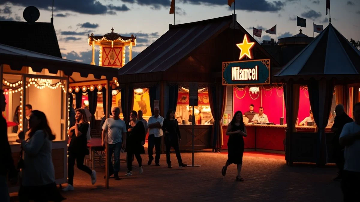 Imagen ilustrativa: casetas de feria iluminadas al atardecer con siluetas de personas paseando