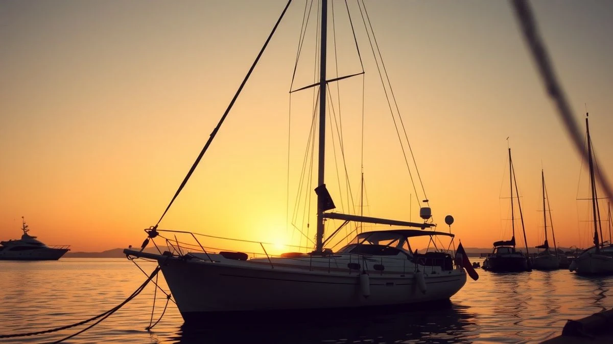 Imagen ilustrativa: un barco pesquero atracado en un puerto al atardecer, con el cielo dorado de fondo.