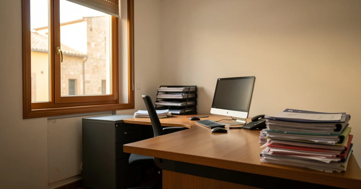Oficina de Servicios Sociales vacía con escritorio, ordenador y carpetas iluminada por luz natural