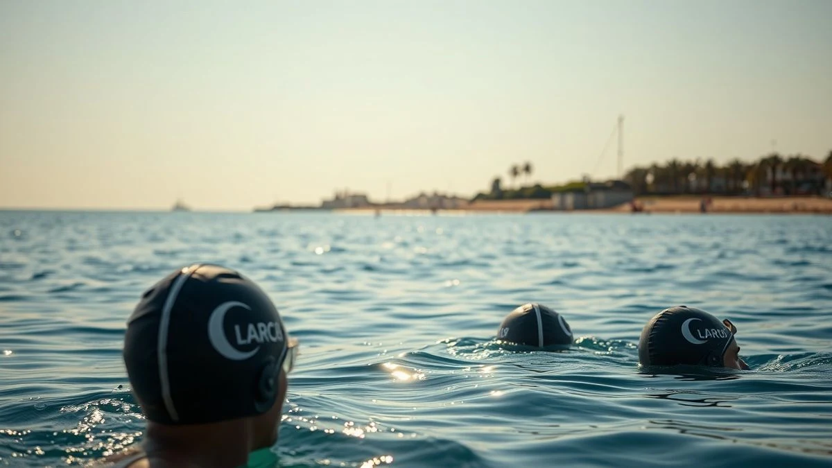 Imagen ilustrativa: vista de una playa con nadadores en el mar durante una travesía de natación en aguas abiertas.