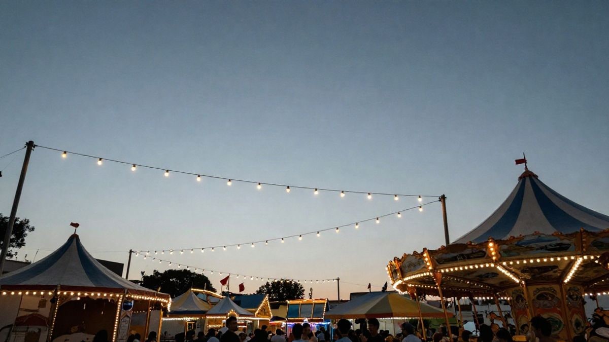 Imagen ilustrativa: ángulo bajo de un recinto ferial español al atardecer con luces y casetas