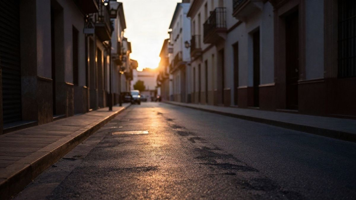 Imagen ilustrativa: calle urbana al atardecer con una marca de derrape en el asfalto y sombras largas