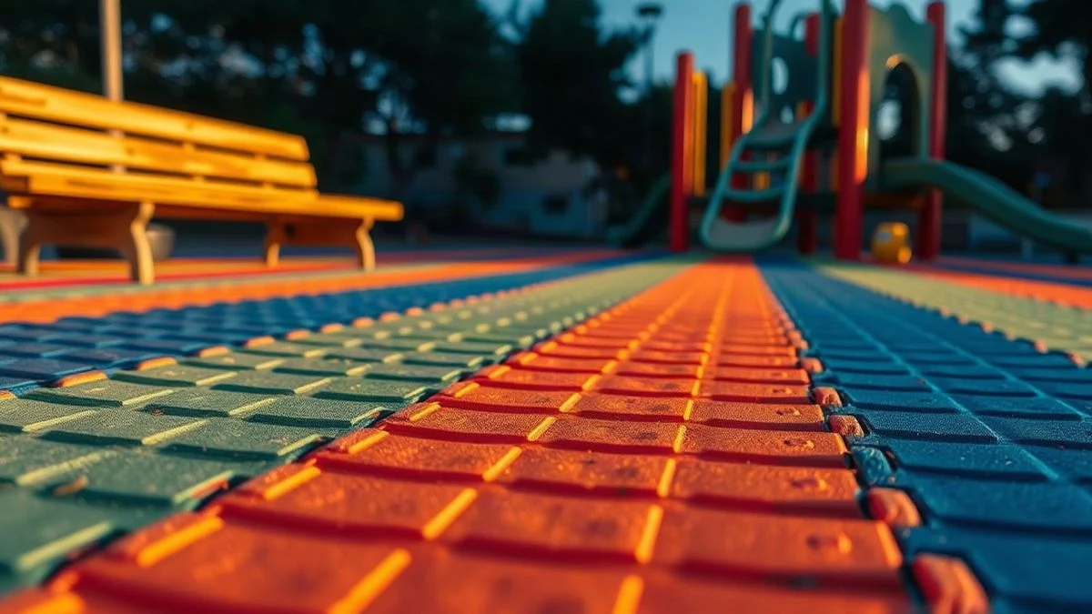 Illustrative image: detail of rubber flooring in a playground with a slide in the background