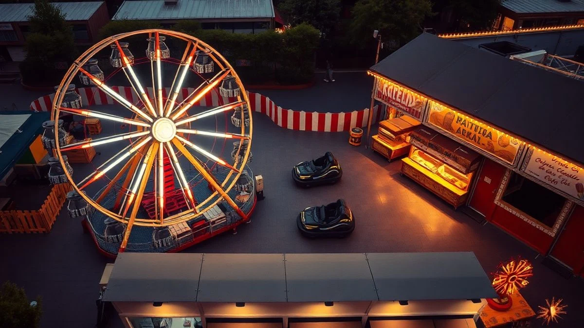 Imagen ilustrativa: vista cenital de un parque de atracciones vacío al atardecer, con noria y puestos de comida.