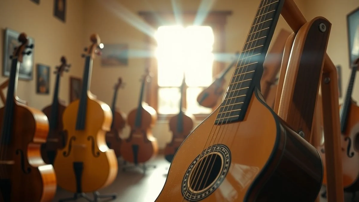 Illustrative image: a classical guitar resting on a wooden chair in a naturally lit exhibition room.