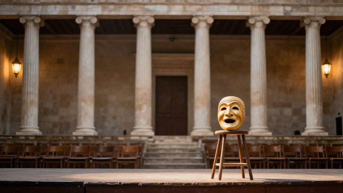 Illustrative image: comedy mask on a stool on a stage with classical columns and warm light