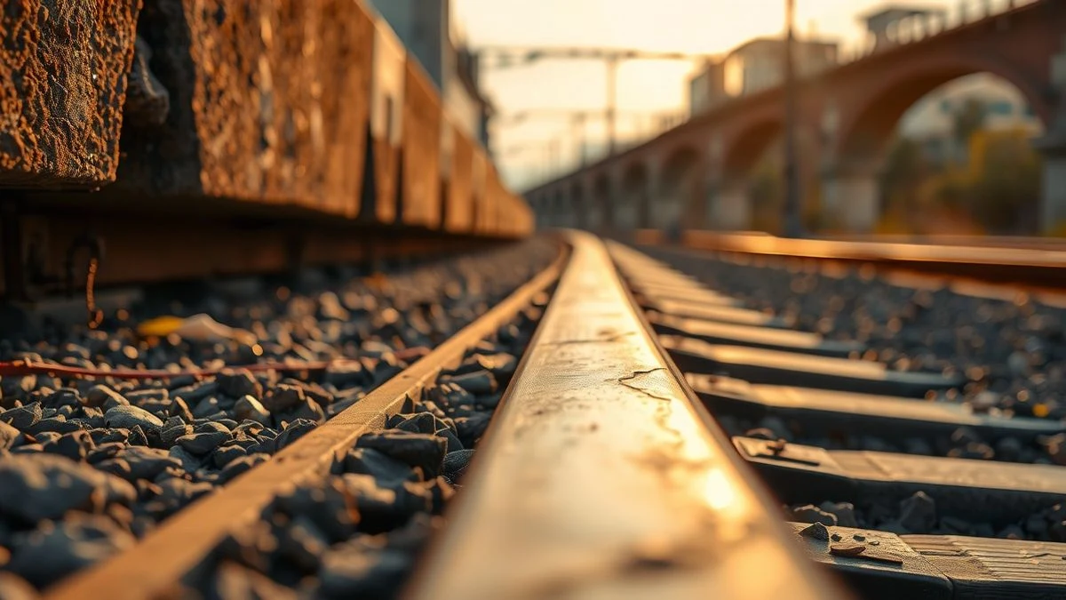 Illustrative image: detail of concrete sleepers and rusty rail on a railway track, with a generic railway bridge in the background.