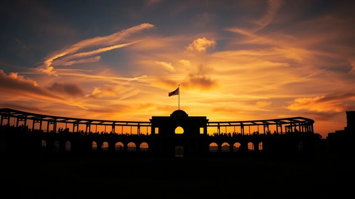 Imagen ilustrativa: silueta de una plaza de toros al atardecer con sombras largas y cielo dramático