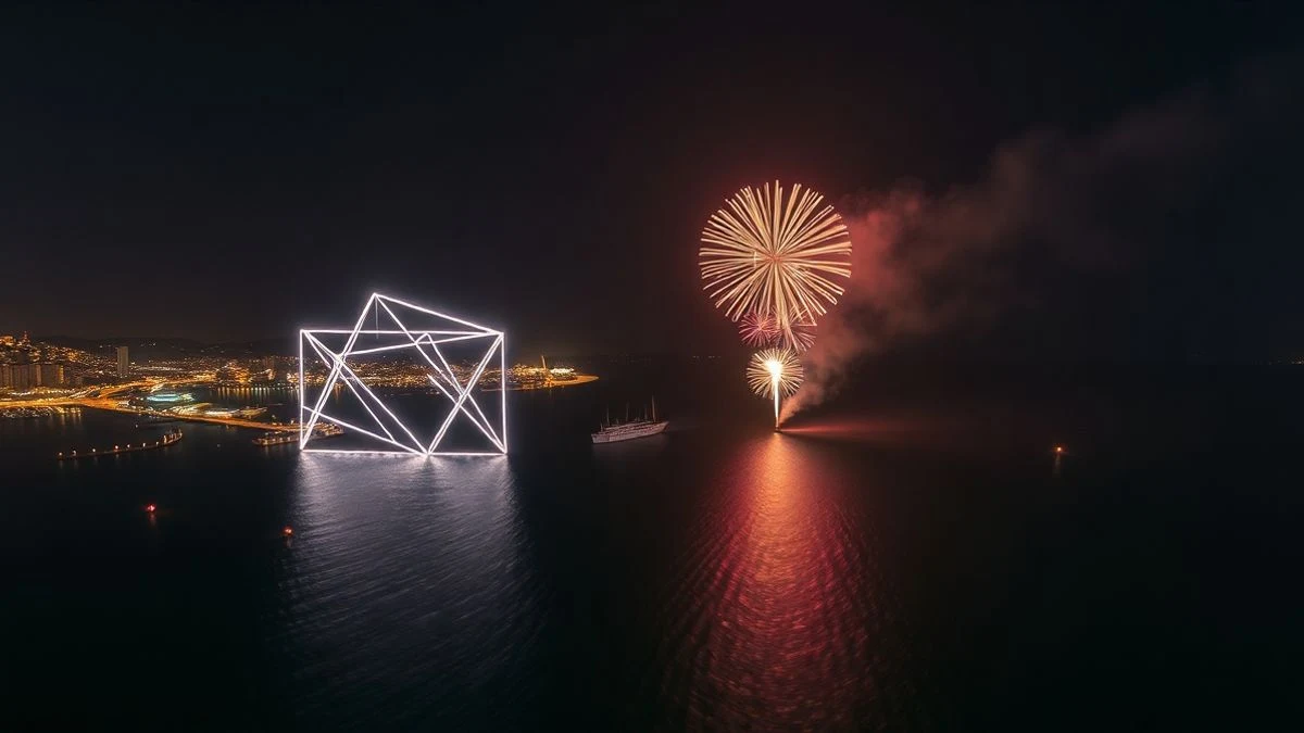 Imagen ilustrativa: vista aérea de un espectáculo de drones y fuegos artificiales sobre la costa de una ciudad española