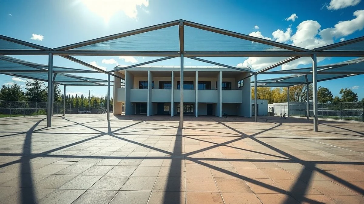 Illustrative image: a schoolyard with metal structures for shade, with intense sunlight and marked shadows.
