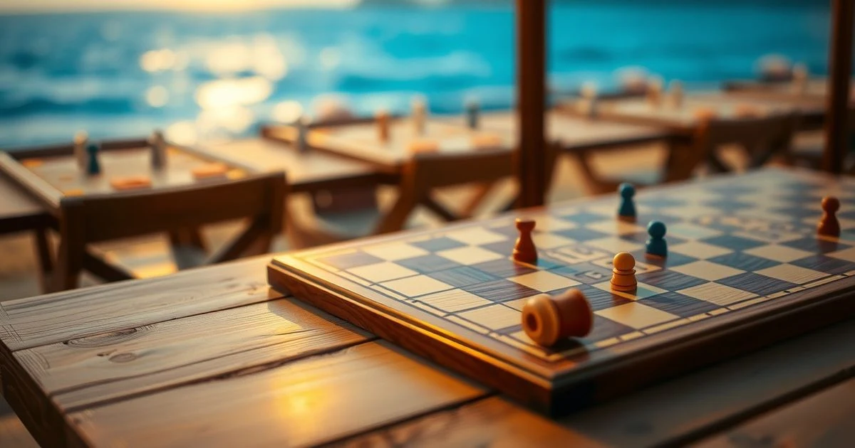 Tablero del Trivial Pursuit sobre una mesa de madera con el mar Mediterráneo al fondo