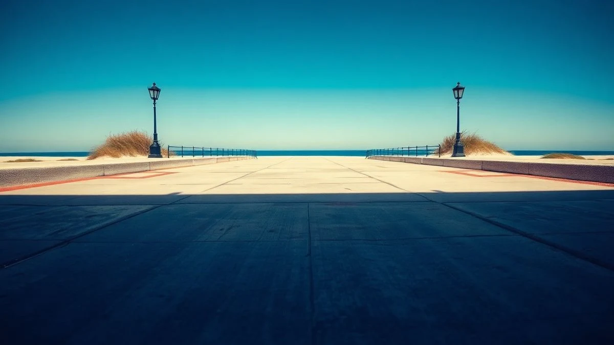 Illustrative image: concrete walkway descending towards a sandy beach with the sea in the background.