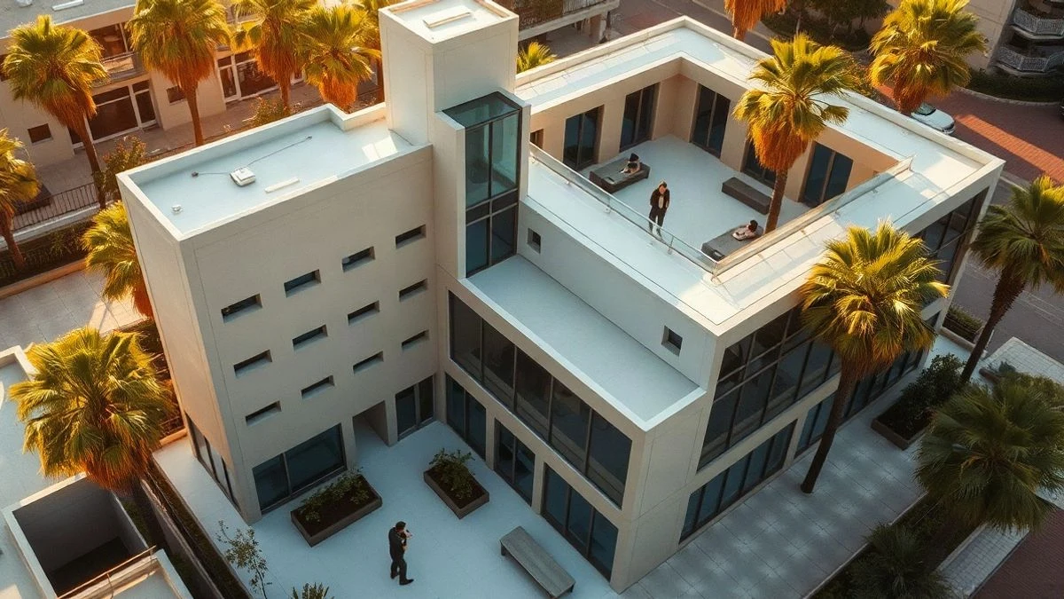 Illustrative image: aerial view of a modern university building with inner courtyards and palm trees, in a Mediterranean urban setting at sunset.