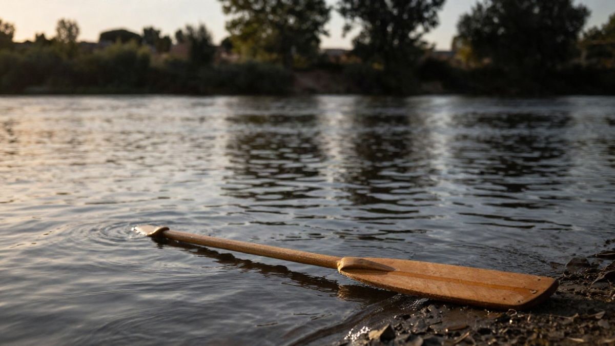 Illustrative image: a canoe paddle resting on the shore of a calm river at sunset