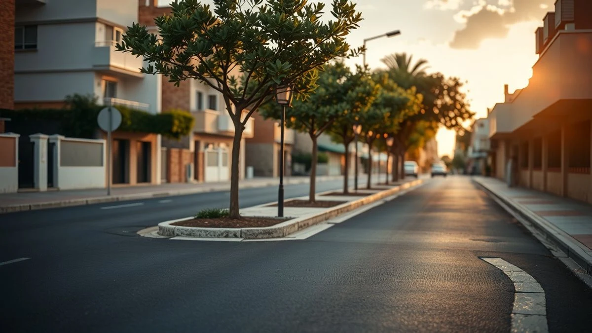 Imagen ilustrativa: calle residencial con aceras renovadas y árboles recién plantados al atardecer.