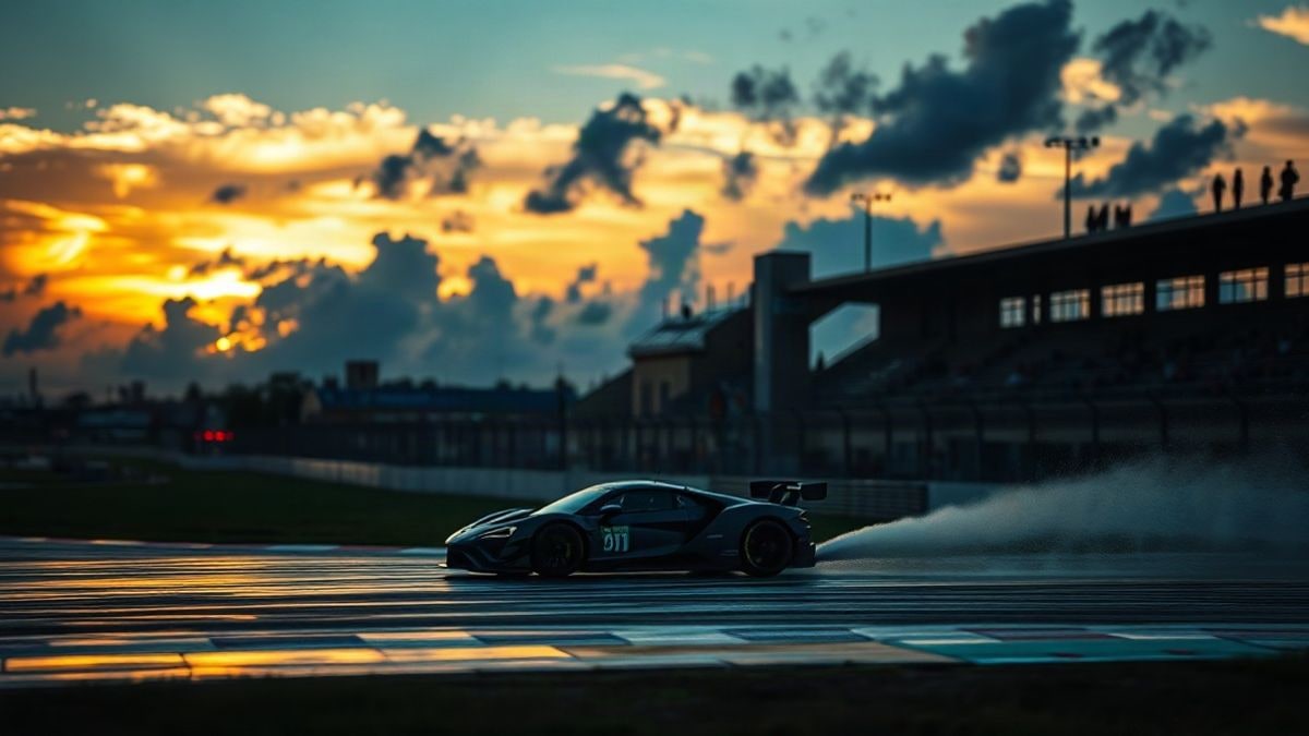 Imagen ilustrativa: un coche de carreras en un circuito mojado al atardecer, con salpicaduras de agua y luz dramática.