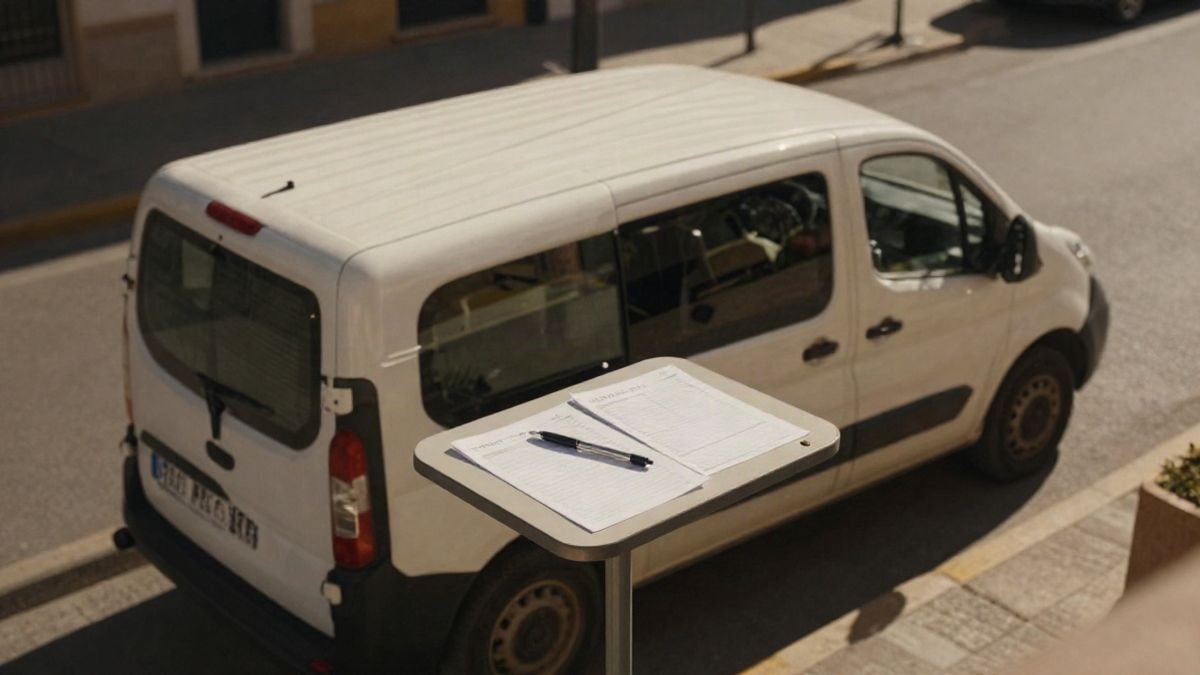 Illustrative image: overhead view of a generic mobile office parked in a square, with blank forms on a table