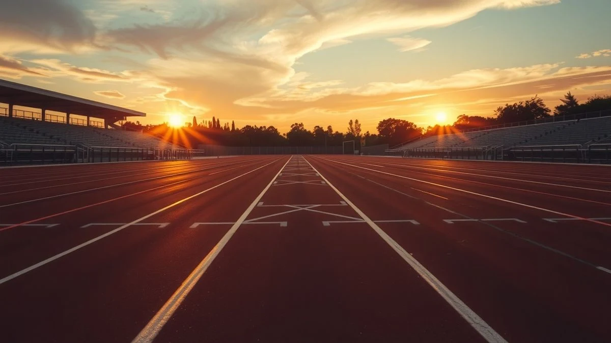 Imagen ilustrativa: pista de atletismo vacía con líneas convergentes y luz de atardecer.
