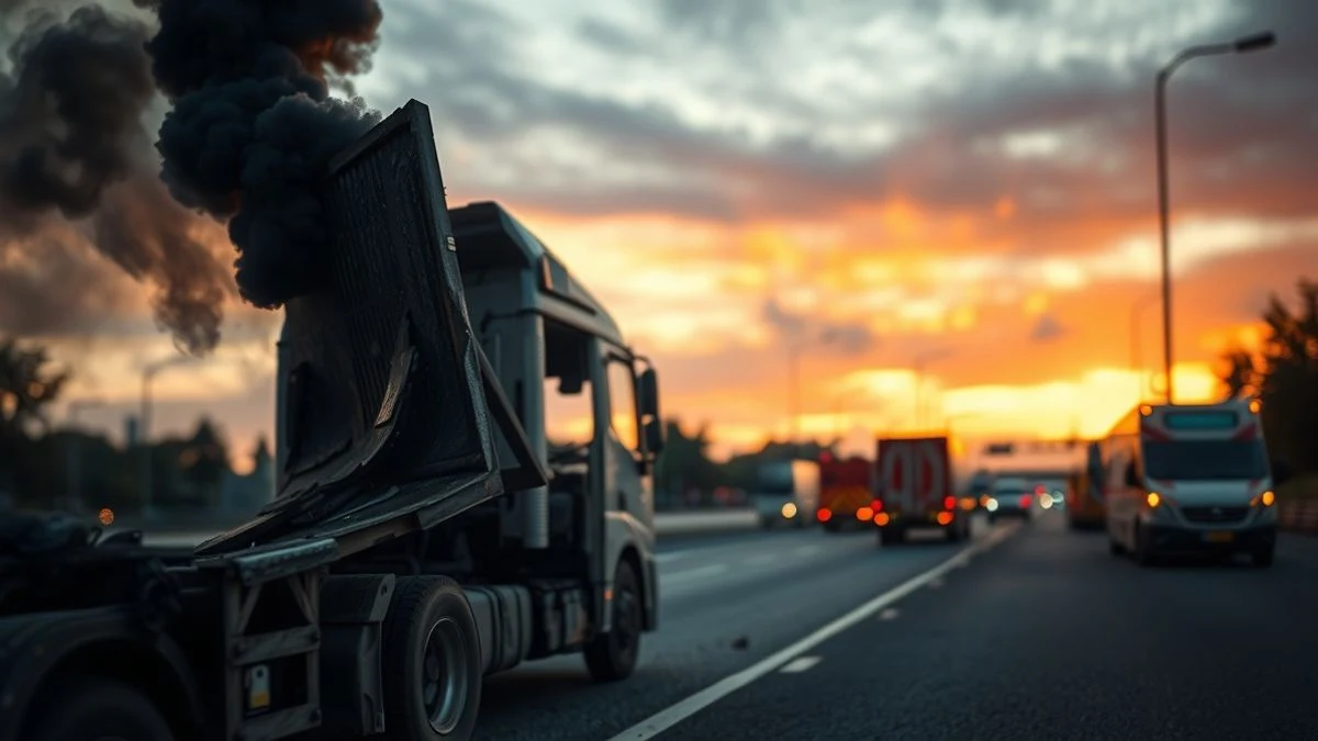 Close-up of a burnt truck on a motorway with a column of black smoke at sunset