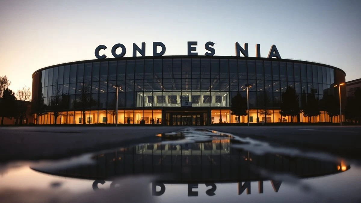 Illustrative image: modern congress building with illuminated letters on its roof at sunset