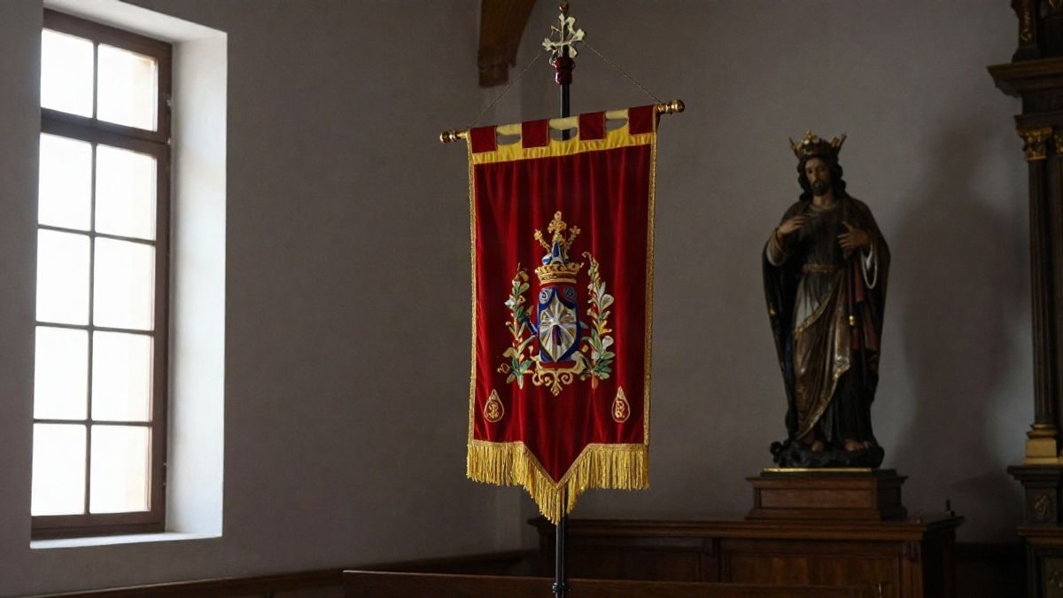 Imagen ilustrativa: interior de una iglesia con un estandarte y una imagen religiosa sobre una plataforma, iluminados por la luz lateral de una ventana