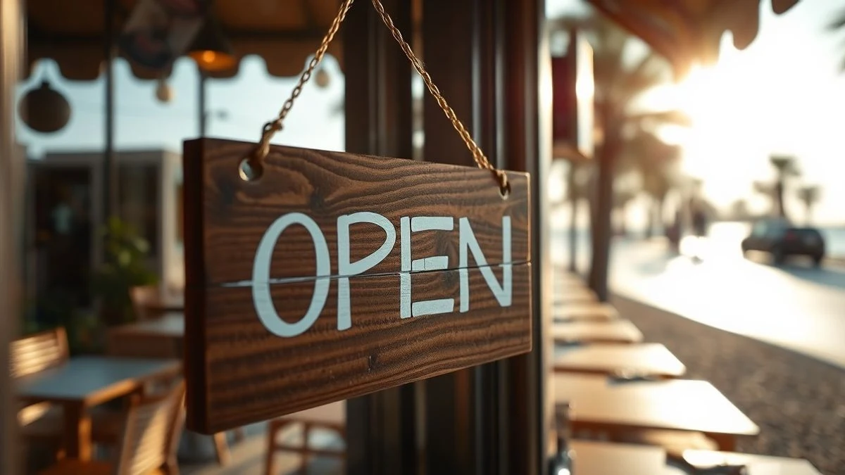 Illustrative image: 'open' sign on a beach bar door, with the coast and palm trees blurred in the background