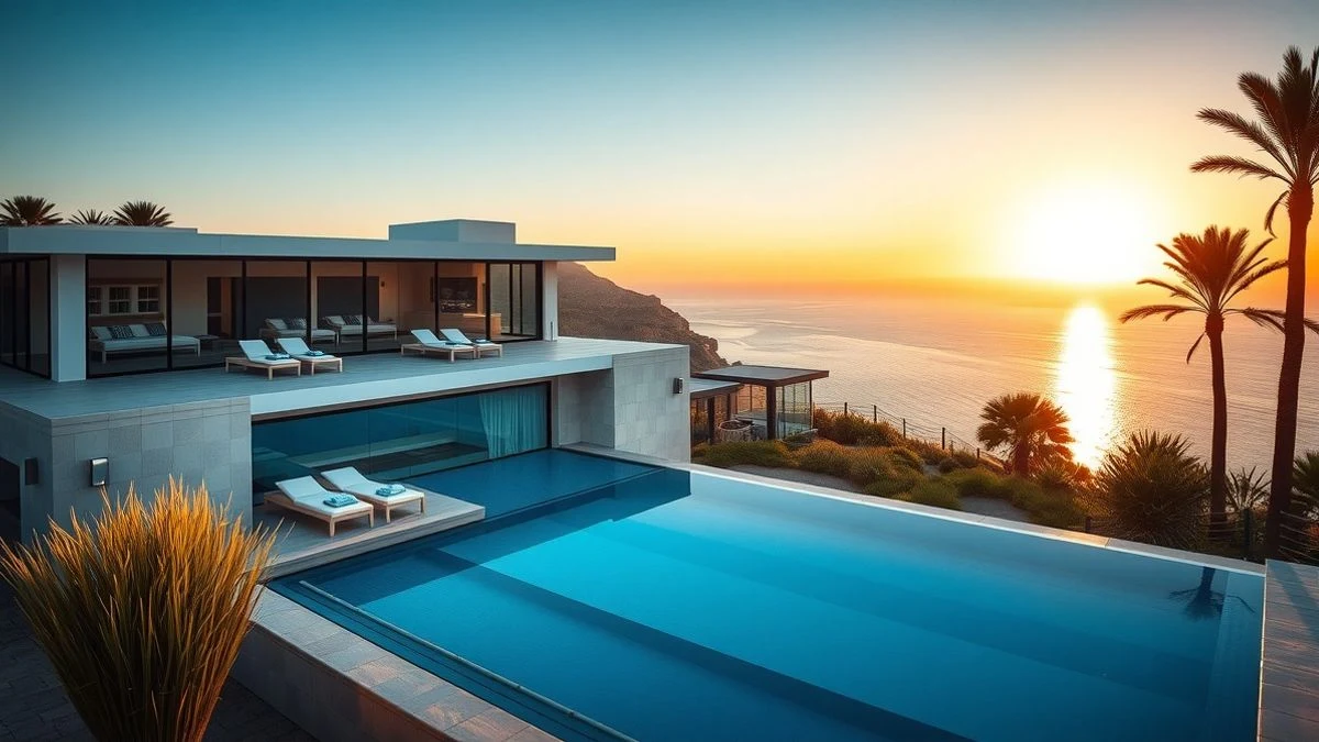 Imagen ilustrativa: una lujosa mansión moderna en una colina con vistas al mar Mediterráneo, piscina y palmeras al atardecer.
