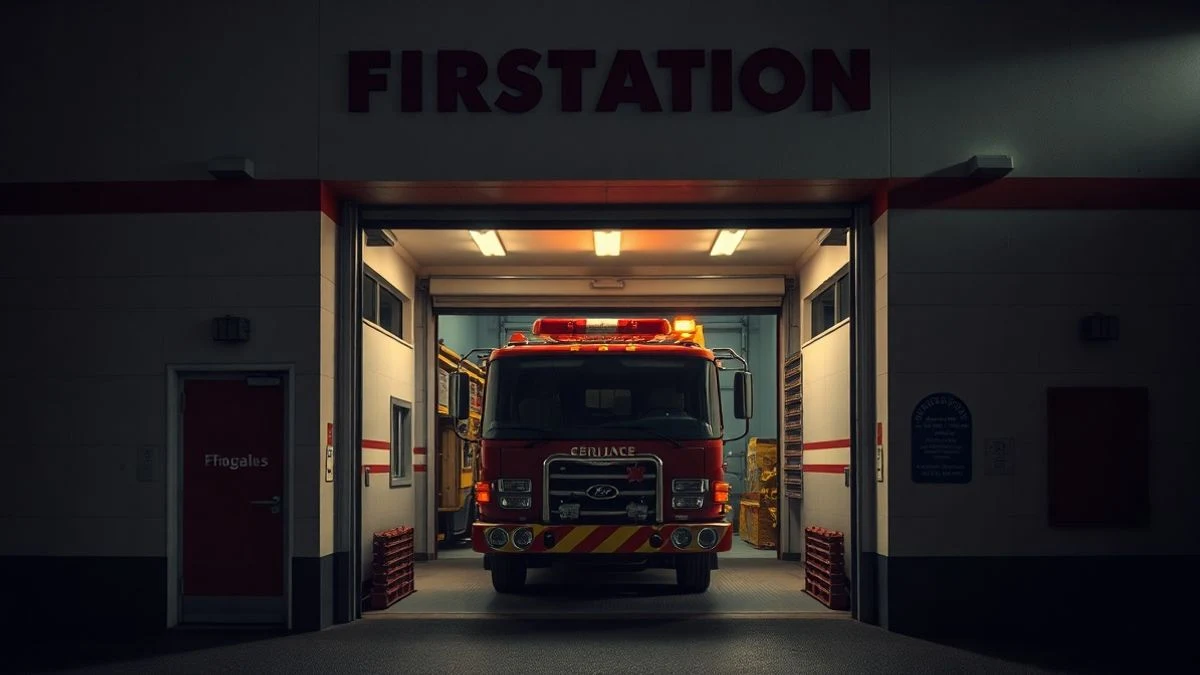 Imagen ilustrativa: puerta de un parque de bomberos con un camión dentro, iluminación natural