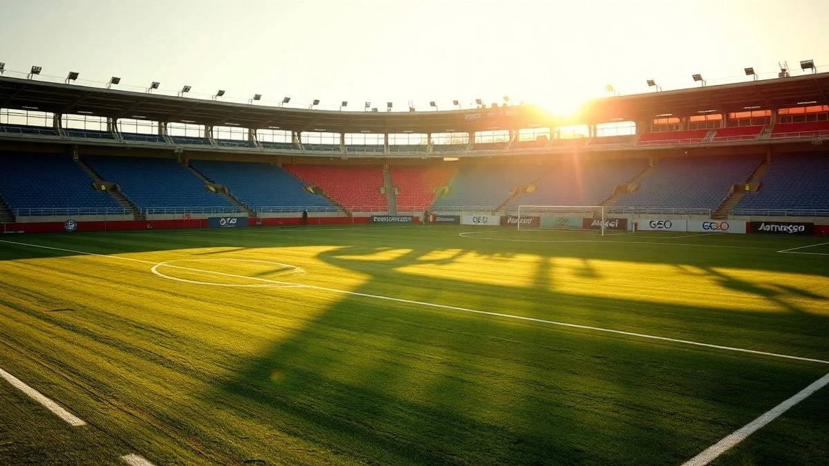 Imagen ilustrativa: vista aérea de un campo de fútbol vacío con porterías y redes, al atardecer