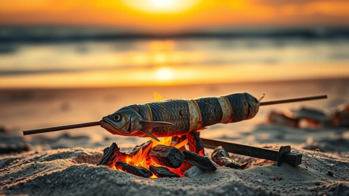 Imagen ilustrativa: espeto de sardinas sobre brasas en la playa al atardecer, con el mar de fondo desenfocado.