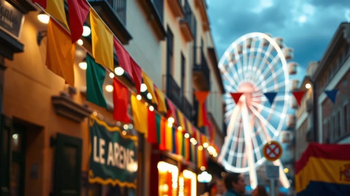 Imagen ilustrativa: calle engalanada con banderines y luces al atardecer, con una noria de fondo y ambiente festivo desenfocado