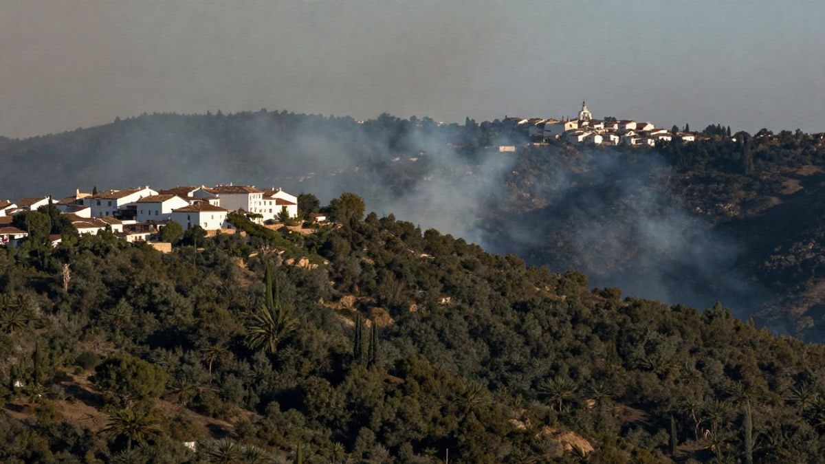 Illustrative image: dense smoke rising over a wooded hillside with a white village in the background