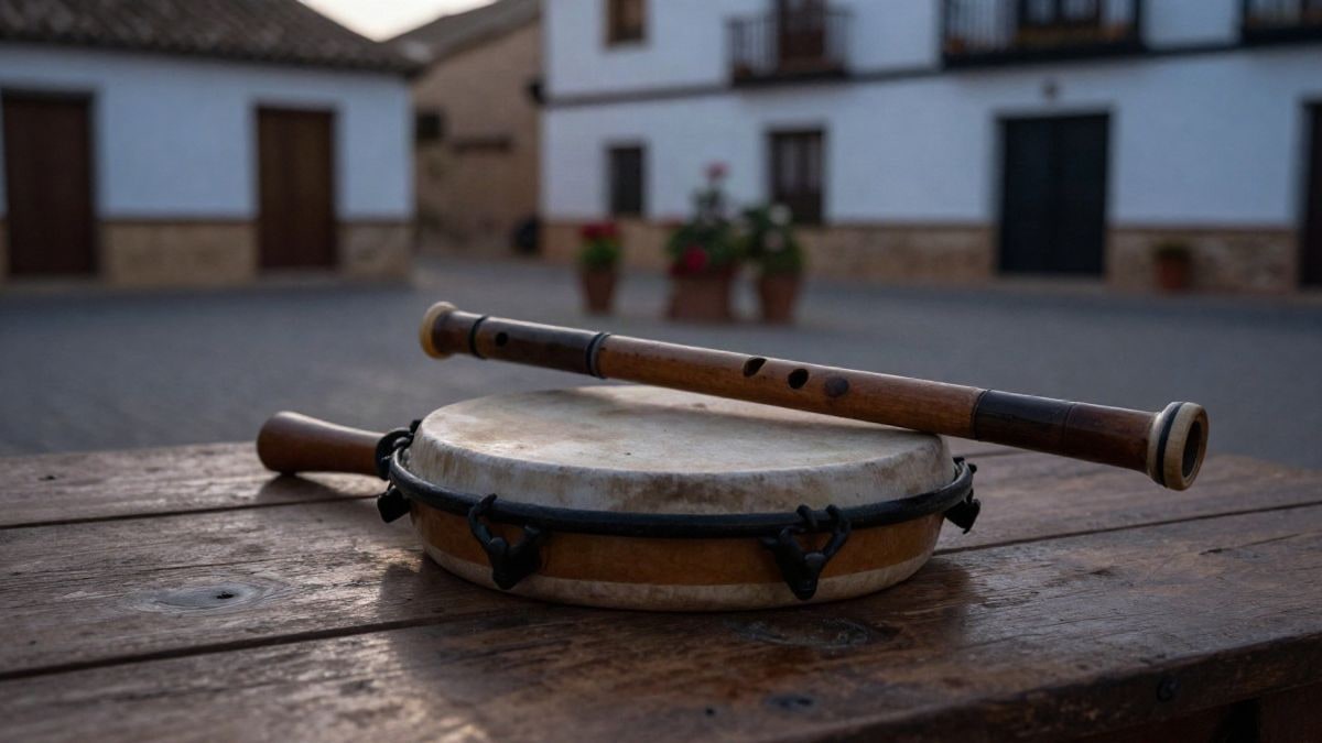 Imagen ilustrativa: tamboril y flauta sobre una mesa de madera, con luz de atardecer y un pueblo blanco al fondo