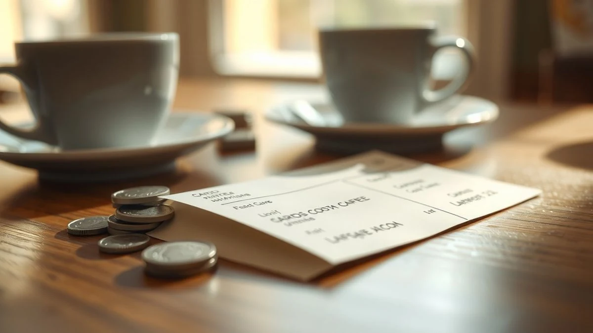 Imagen ilustrativa: un cupón de lotería sobre una mesa de madera junto a monedas y una taza de café, con luz lateral de ventana.
