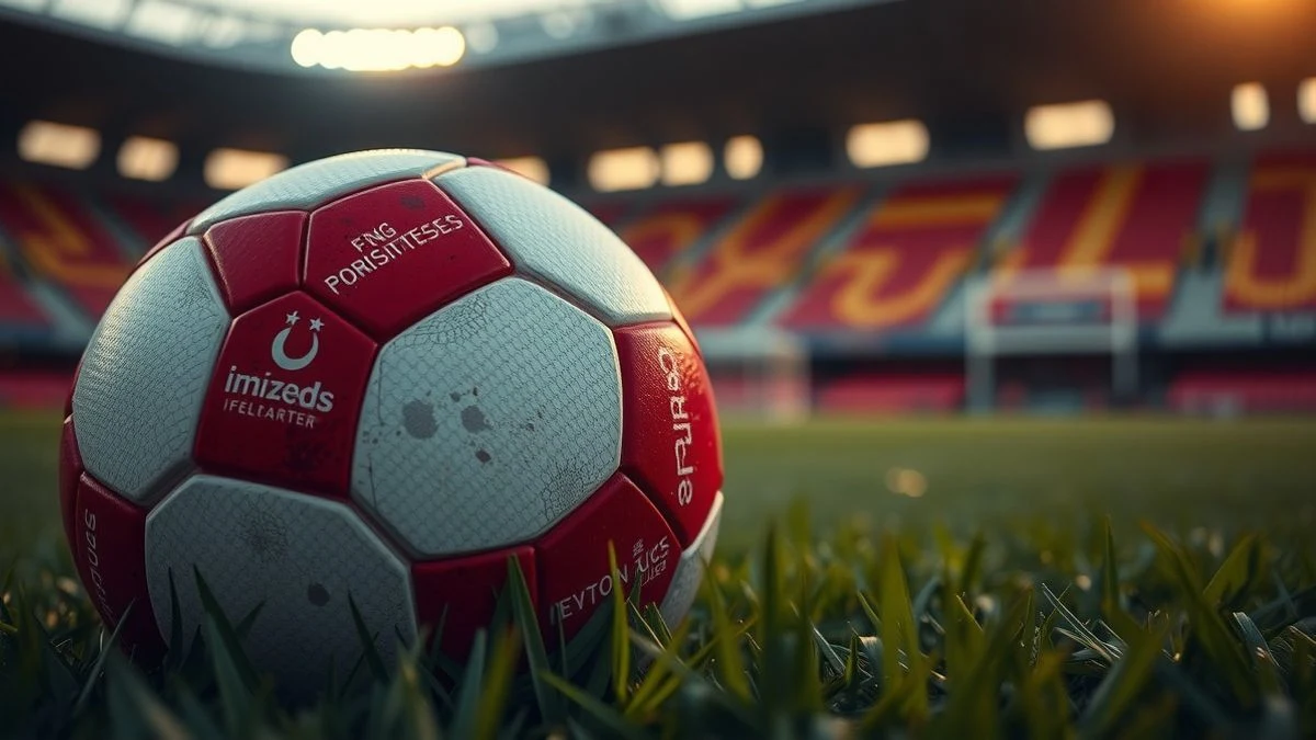 Imagen ilustrativa de un balón de fútbol sobre el césped en un estadio al atardecer