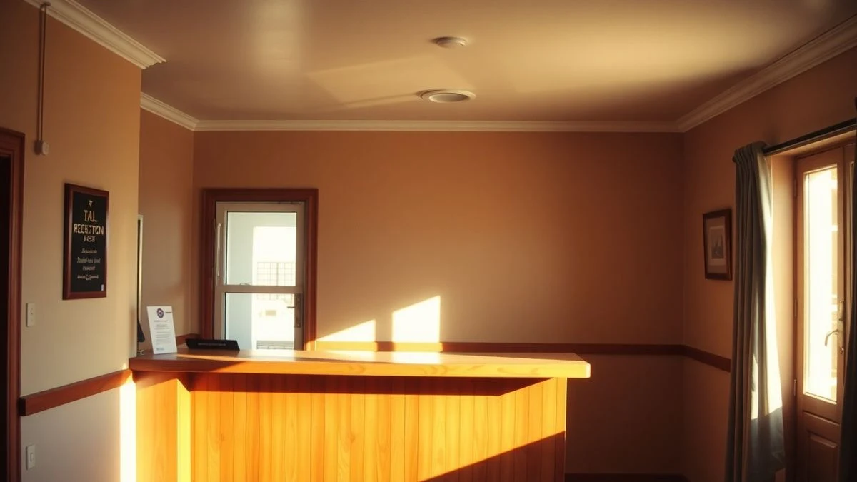 Imagen ilustrativa: recepción de un hotel con luz natural lateral y una placa en la pared.