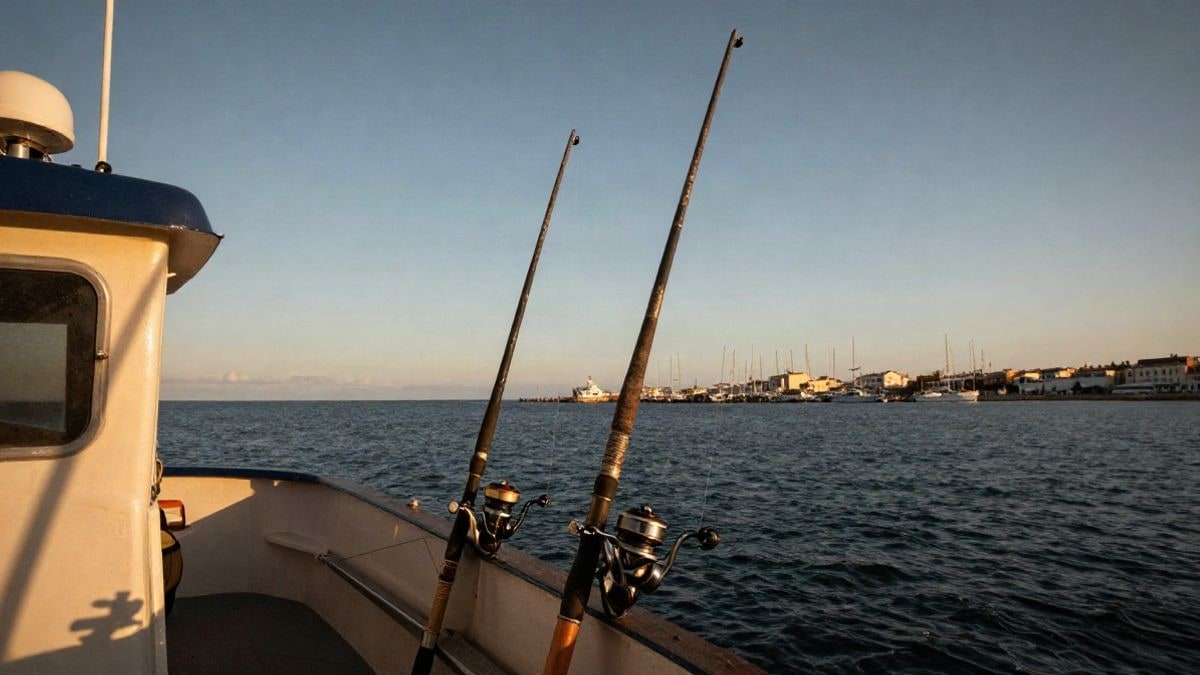 Imagen ilustrativa: cubierta de un barco de pesca con cañas y carretes al atardecer, con el mar de fondo